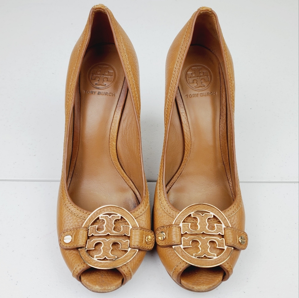 Tory Burch Leather Wedge Peep Toed Heels Women's Size 9.5 Royal Tan 4”heels